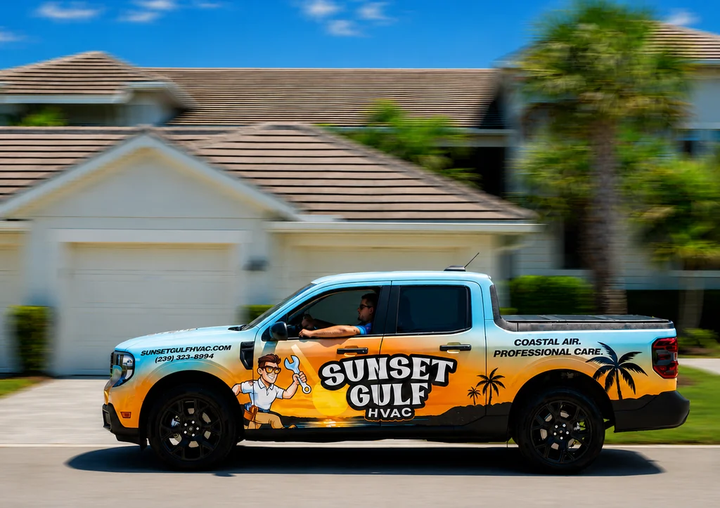 Bryan driving the Sunset Gulf HVAC service truck through Babcock Ranch on the way to a customer.